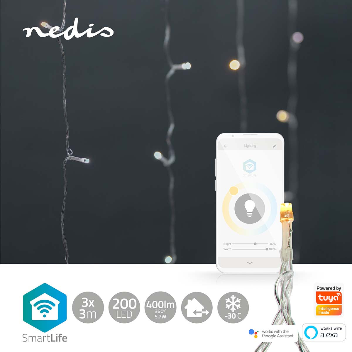 Cortina Nedis Wi-Fi Branco Quente e Frio: iluminação inteligente de Natal. Com 200 LEDs em 3m, crie uma atmosfera única e personalizada com facilidade.