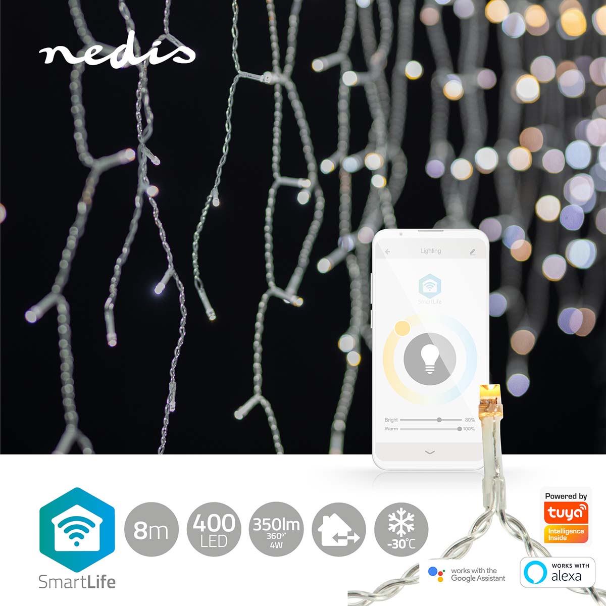 Grinalda Nedis de 8m, 400 LEDs quente/frio: iluminação de Natal inteligente em 80 gotas, proporcionando charme versátil.