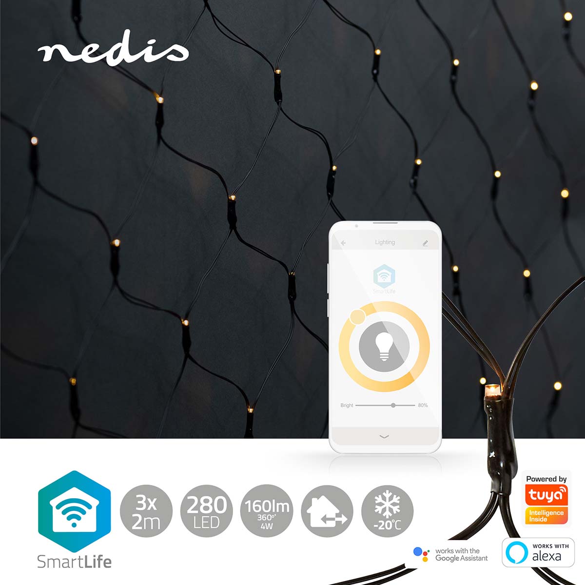 Rede de luz Nedis Wi-Fi em branco quente, 280 LEDs em 3x2m iluminação inteligente para um Natal acolhedor e personalizado.