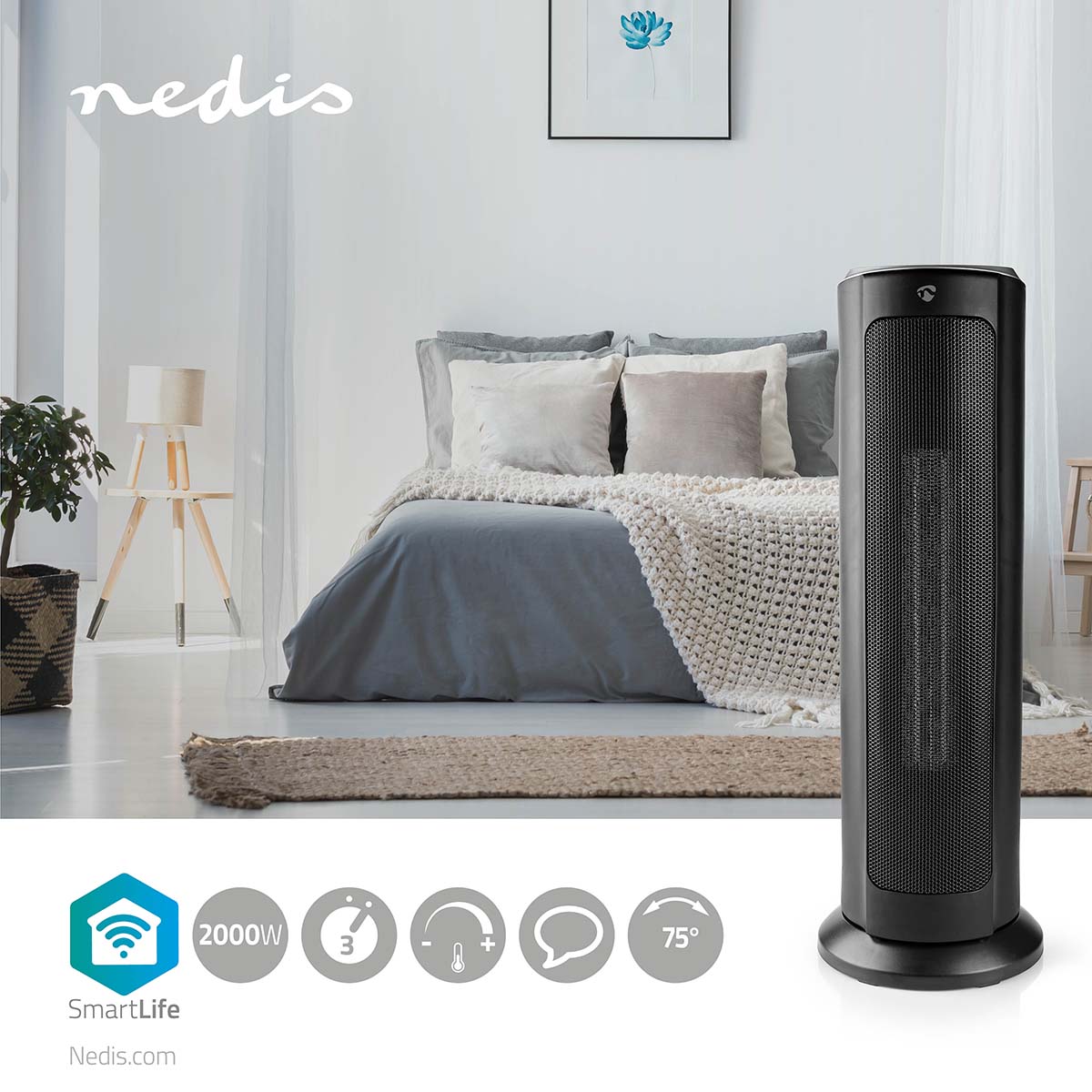 Nedis SmartLife Aquecedor com ventilador Wifi | Torre | 2000 W | 3 Definições de calor | Oscilação | Visor | 15 - 35 °C | Android™ / IOS | Preto