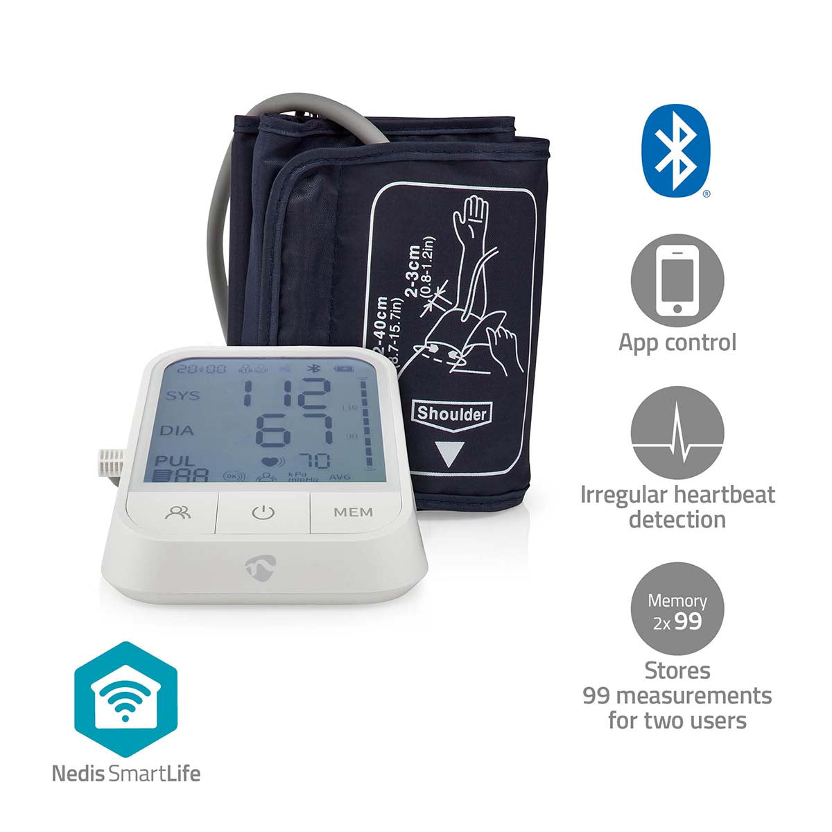 Aparelho de medição da tensão arterial Nedis SmartLife Braço | Bluetooth | Ecrã LCD | 22 - 42 cm | Deteção de uso da braçadeira / Deteção de batimentos cardíacos irregulares / Indicação de manter-se imóvel | Branco