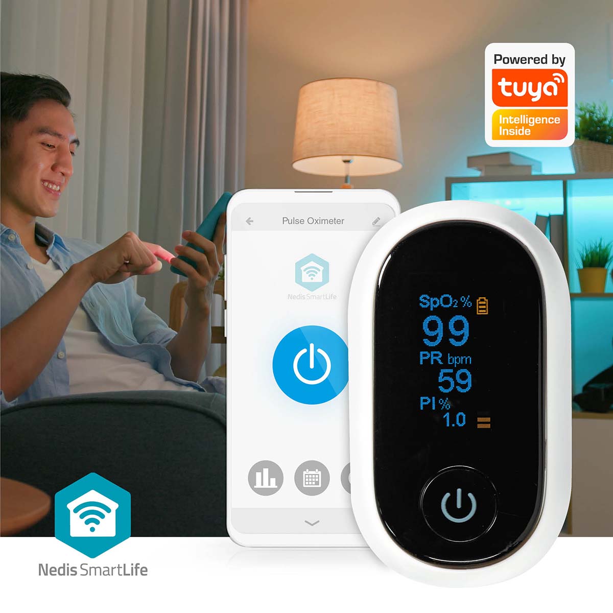 Nedis SmartLife Pulse Oximeter Bluetooth | OLED Display | Anti-movement interference / Auditory alarm / High precision sensor / Oxygen saturation (SpO2) / Perfusion index (PI) / Pulse rate (PR) | White