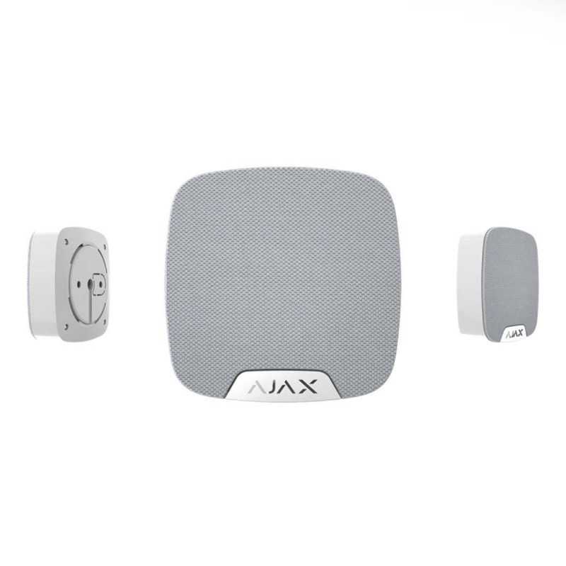 A Sirene para Interior Ajax HomeSiren em branco é uma potente sirene de 97dB que reforça a segurança do sistema de alarme Ajax, com fácil integração.