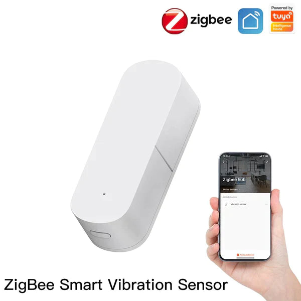 O Sensor de Vibração Inteligente Zigbee da Moes é um dispositivo de segurança residencial que usa a tecnologia Zigbee para detectar vibrações em portas, janelas, gavetas e outros objetos.
