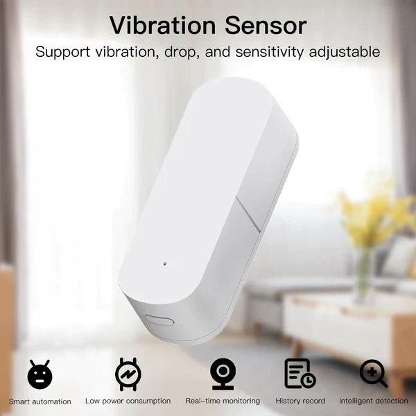 O Sensor de Vibração Inteligente Zigbee da Moes é um dispositivo de segurança residencial que usa a tecnologia Zigbee para detectar vibrações em portas, janelas, gavetas e outros objetos.