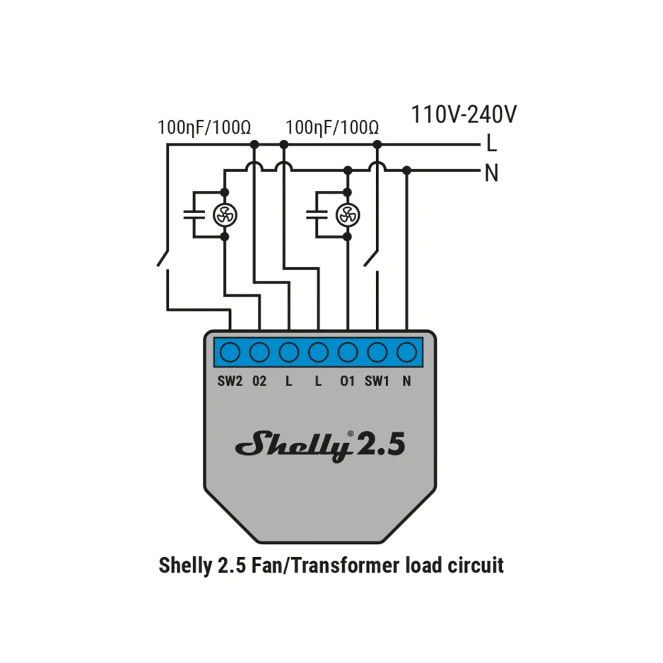 Shelly RC Snubber Eliminação de interferências eléctricas para um funcionamento suave e seguro esquema com shelly 2.5