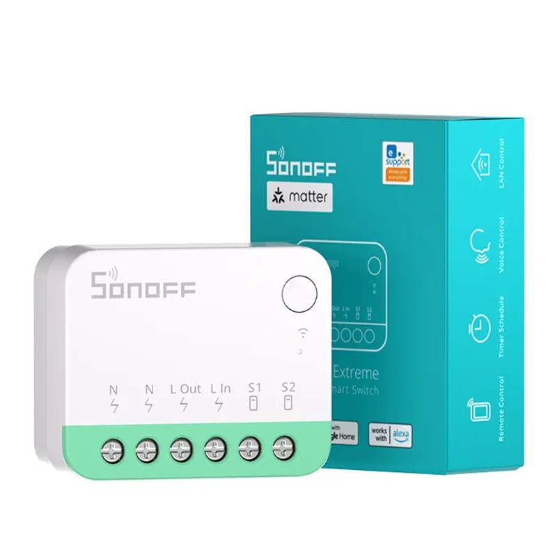 O módulo WiFi SONOFF MINIR4M foi concebido para se integrar de forma inteligente em residências, sendo compatível com assistentes virtuais como Alexa e Google Home para facilitar o controlo por voz.