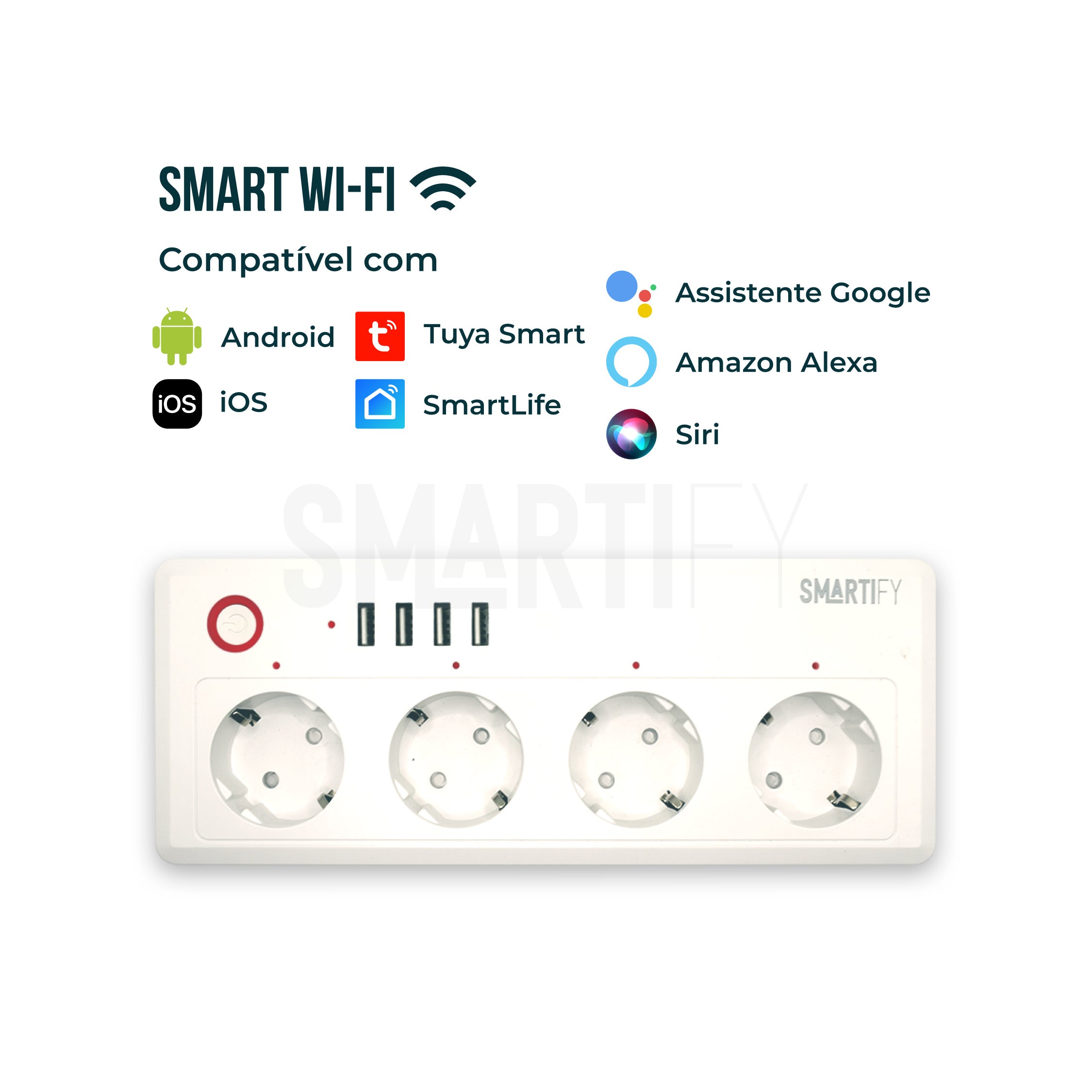 Extensão Inteligente WiFi 4 Tomadas + 4 USB Smartify - Smartify - Casa Inteligente - Smart Home - Domotica - Casas Inteligentes