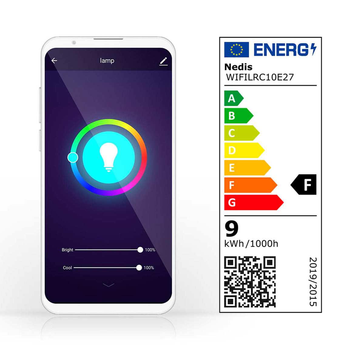 Nedis lâmpada inteligente E27 com eficiência energética nível F controlada remotamente através da aplicação Nedis Smart Life
