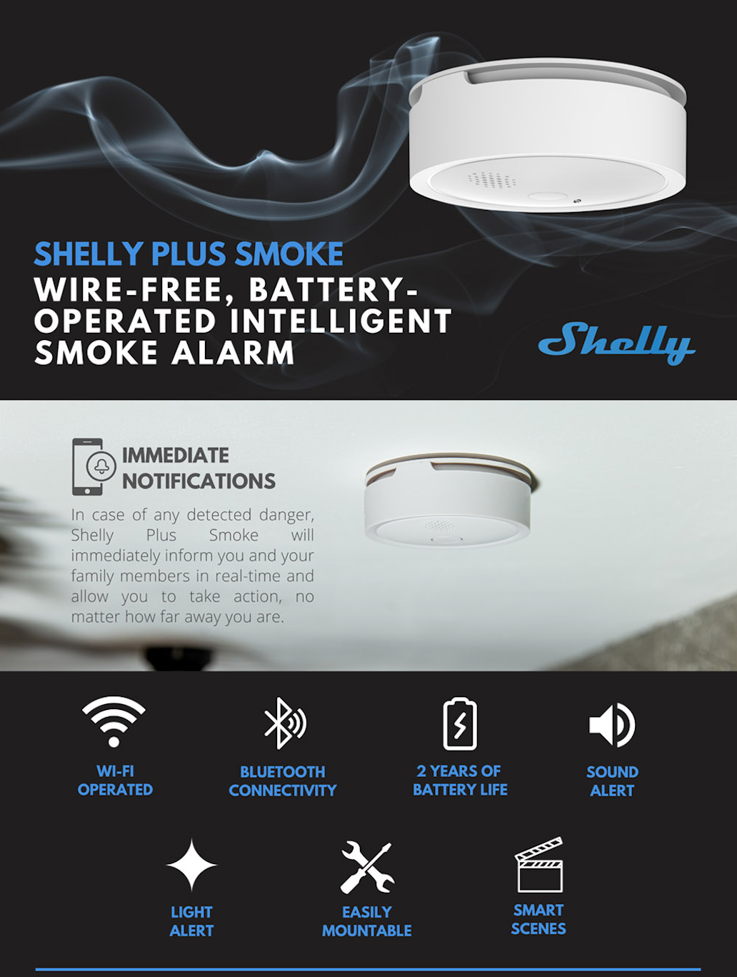 Shelly plus smoke liga-se ao wifi, conectividade bluetooth, até 2 anos de durabilidade da pilha, alertas sonóros e visuais conjugados com uma montagem fácil.